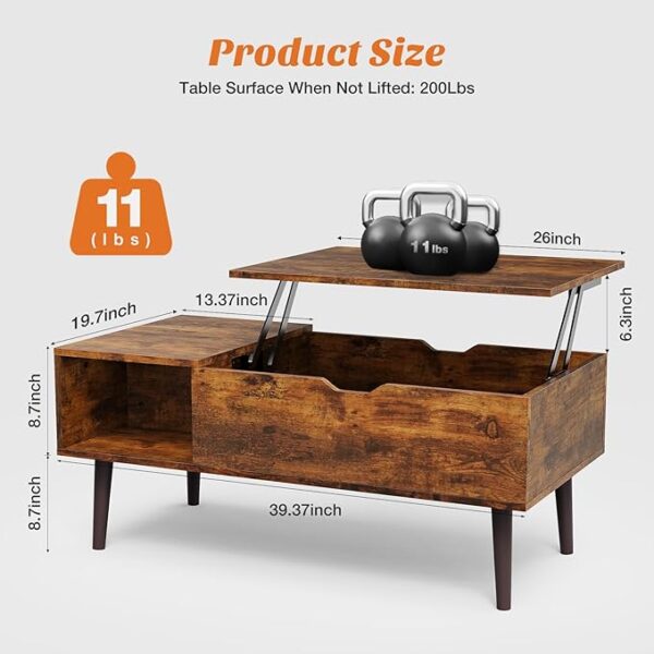 Sweetcrispy Coffee Table, Lift Top Coffee Tables for Living Room, Small Rising Wooden Dining Center Tables with Storage Shelf and Hidden Compartment, Brown - Image 5