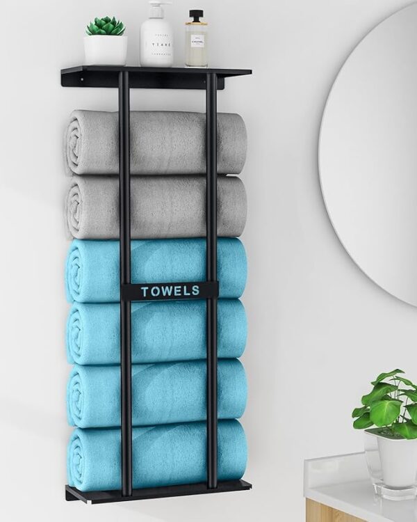 Bathroom Towel Storage Rack, Towel Racks for Bathroom Wall Mounted 30 inch with Shelf Can Holds 6 Large Towels, Wall Towel Rack for Rolled Towels, Black - Image 3