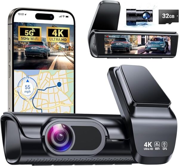 K600 4k Dash Cam Front and Rear, 3.59" IPS Screen, Built-in GPS 5G WiFi Dash Camera for Cars with App, UHD 2160P Night Vision Free 32G SD Card, 170° Wide Angle, HDR, 24H Parking Mode