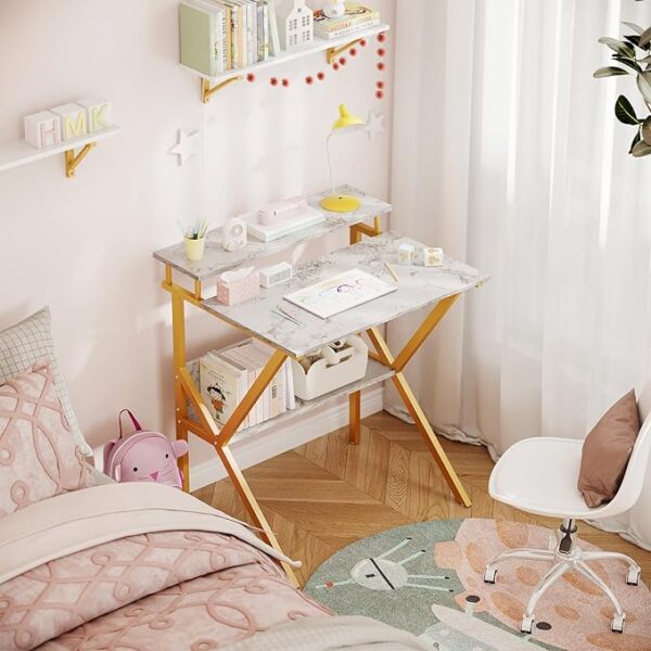 ODK Small Desk, 27.5 Inch Small Computer Desk for Small Spaces, Compact Desk with Storage, Tiny Desk Study Desk with Monitor Stand for Home Office, White Marble + Gold Leg - Image 4