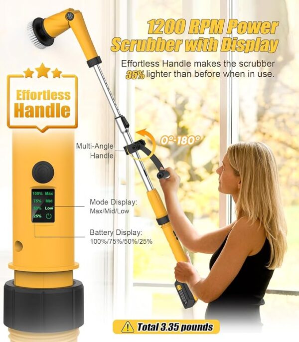 Qimedo Electric Spin Scrubber Extra Large Brush Q3,6000 mAh Best Battery Power Scrubber for Cleaning,1200RPM Shower Cordless Cleaning Brush with 8 Brushes for Bath/Tub/Tile/Floor (Smart Display) - Image 2