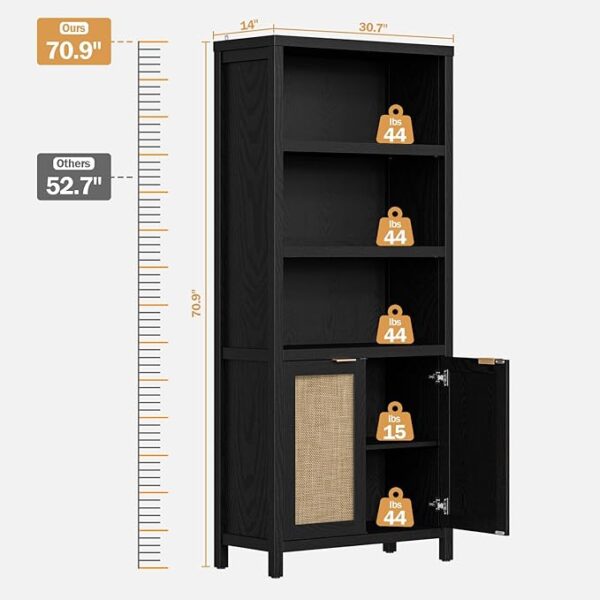 SICOTAS Bookcase 5 Tier Bookshelf Rattan Boho Tall Book Case Shelf with Doors Storage Wood Large Bookcase Farmhouse Bookshelves Library Shelves for Living Room Bedroom Home Office Kitchen (Black 2PCS) - Image 3