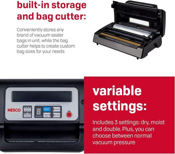 Nesco Deluxe Food VS-12 Vacuum Sealer, 130 Watts, Kit Bags & Viewing Lid, Compact, Silver - Image 3