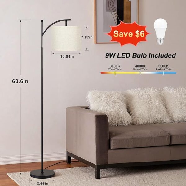 Ambimall 60" Floor Lamps for Living Room with 3 Color Temperatures, Standing Lamp Tall with Adjustable Linen Shade, Tall Lamps for Living Room Bedroom Office Classroom Dorm Room(9W Bulb Included) - Image 2