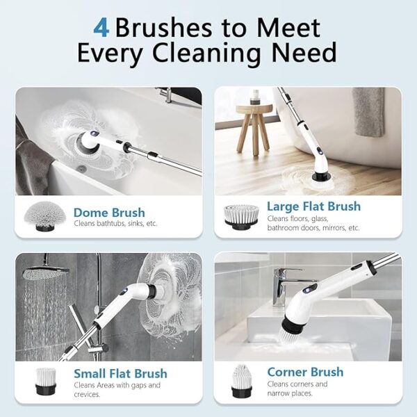 TUYU Electric Spin Scrubber, New Full-Body IPX7 Waterproof Bathroom Scrubber with Power LCD Display, Adjustable Extension Handle, Cordless Electric Cleaning Brush for Bathroom, Kitchen Cleaning - Image 2