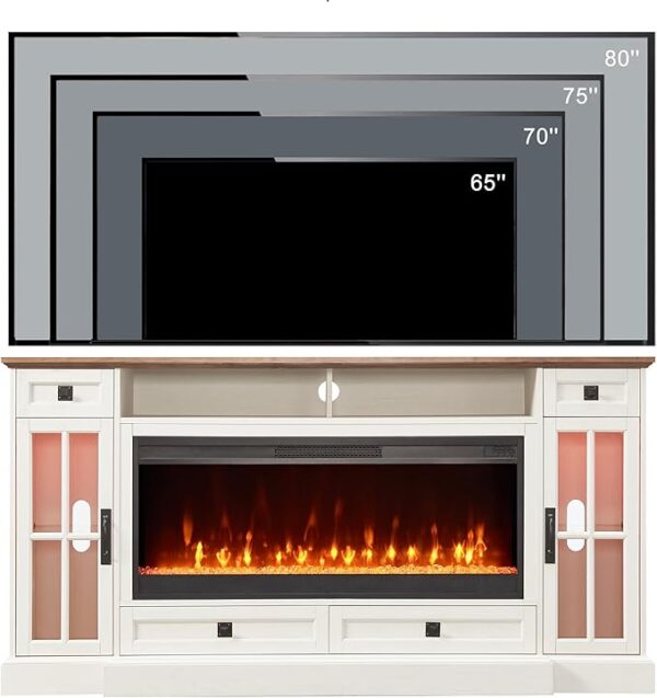OKD Fireplace TV Stand for 80 Inch TV, Farmhouse Entertainment Center with 42" Fireplace & LED Lights, Modern Media Console Table with Storage Drawers & Cabinets for Living Room, Antique White - Image 2