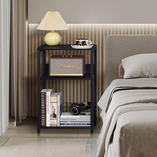 LELELINKY Black End Table, Small Side Table with Metal Frame,Modern Record Player Stand with Storage Shelf, Wood 3 Tier Sofa Bedside Tables, Narrow Nightstand for Living Room Bedroom Office - Image 4
