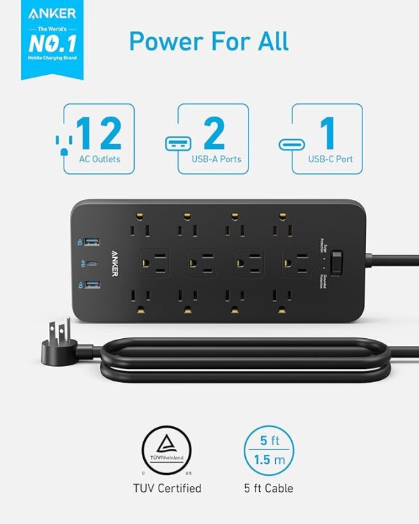 Surge Protector Power Strip (2100J), Anker 12 Outlets with 1 USB C and 2 USB Ports foriPhone 15/15 Plus/15 Pro/15 Pro Max, 5ft Extension Cord, Flat Plug, 20W USB C Charging for Home, Office,TUV Listed - Image 3