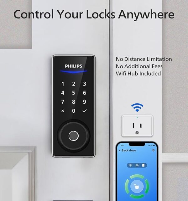 Philips Wi-Fi Smart Door Lock, Keyless Entry Door Lock with App Control,Fingerprint ID,Auto Lock,Keypad Deadbolt with Wi-Fi Bridge Adaptor,Smart Locks for Front Door-Satin Nickel - Image 3
