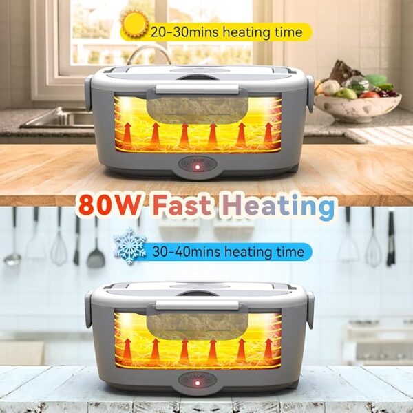 Electric Lunch Box Food Heater for Work, 80 W Food Warmer for Car Truck Travel with 2 Stainless Steel Containers 1.5 Liters Potable Self Heating lunch Box for Adults lonchera eléctrica portátil - Image 5