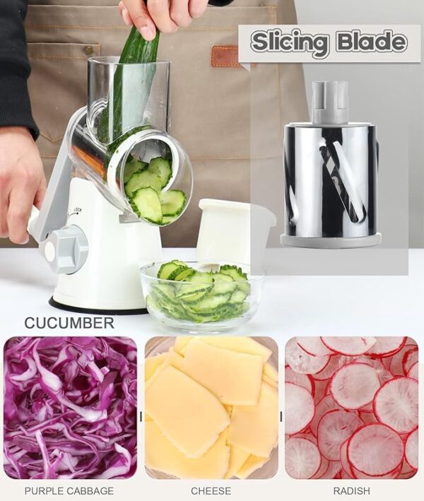Ourokhome Rotary Cheese Grater Hand Crank, Kitchen Shredder Speed Mandolin Slicer Nuts Grinder with Handle and Drum Blades for Cheese, Vegetable, Walnuts, Chocolate, Potato, Carrot, 3 Blades, White - Image 3