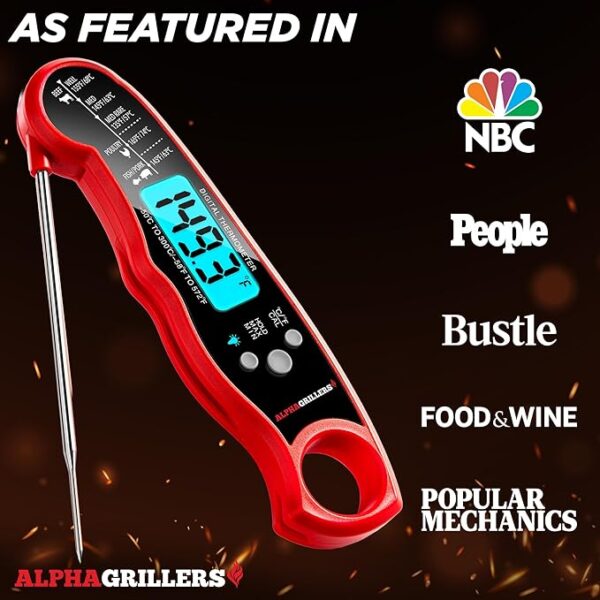 Alpha Grillers Instant Read Meat Thermometer for Cooking Grill and BBQ Griddle - Waterproof w/Backlight & Calibration for Food, Oven, Air Fryer Accessories, Kitchen Essentials, Stocking Stuffer Gifts - Image 2