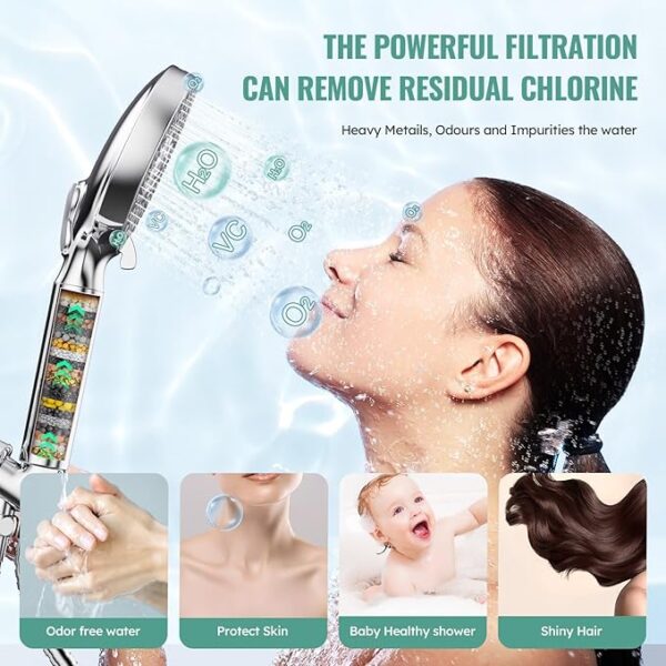 Filtered Shower Head with Handheld, High Pressure 9 Spray Mode Chrome Showerhead with Filters,detachable shower head,Water Softener Filters Beads for Hard Water -Remove Chlorine - Image 6