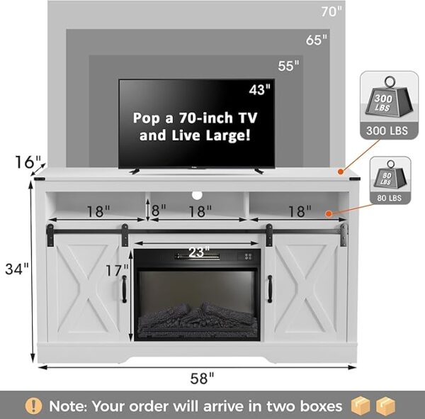 RoyalCraft Farmhouse Fireplace TV Stand for 65+ Inch TV, Entertainment Center with 23" Electric Fireplace with Remote, 34" Tall Modern Rustic TV Console with Sliding Bar Door for Living Room, White - Image 2