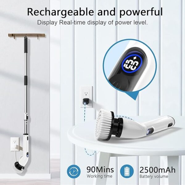 TUYU Electric Spin Scrubber, New Full-Body IPX7 Waterproof Bathroom Scrubber with Power LCD Display, Adjustable Extension Handle, Cordless Electric Cleaning Brush for Bathroom, Kitchen Cleaning - Image 3