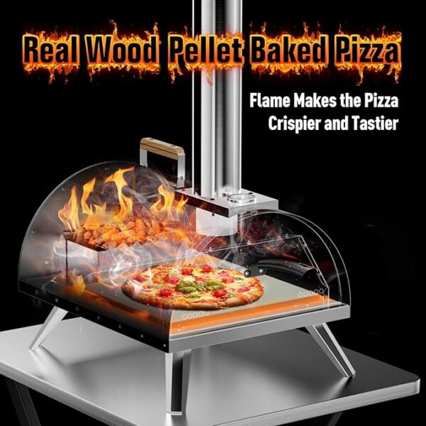 Multi-Fuel Pizza Oven Outdoor, 12" Portable Wood and Gas Fired Pizza Oven with Thermometer,Gas Hose & Pizza Stone,Heats up to 1000°F,Stainless Steel Pizza Oven for Backyard or Camping (Black) - Image 2