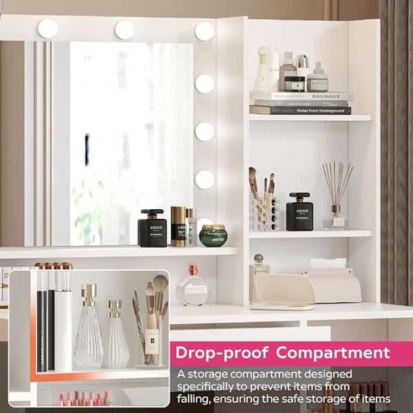 Vanity Desk with Mirror and Light, Large Drawer and Three Level Storage Dresser, 3 Lighting Modes Adjustable Brightness, Bedroom Dressing Table (White) - Image 2