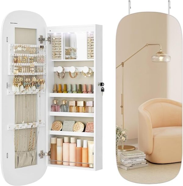 SONGMICS Jewelry Organizer, LED Jewelry Cabinet Wall or Door Mounted, Lockable Rounded Wide Mirror with Storage, Interior Mirror, 3.9 x 16.5 x 42.5 Inches, White Surface with Greige Lining