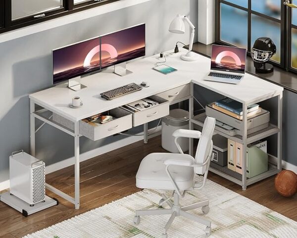 AODK 53 Inch L Shaped Computer Desk with Drawers, Corner Desk with Power Outlets & Reversible Storage Shelves, Movable CPU Stand for Home Office Gaming, White - Image 3
