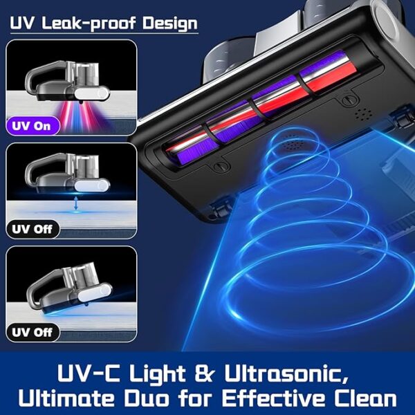 Bed Vacuum Cleaner 5 in 1 Mattress Vacuum with 16Kpa Suction 253.7nm UV-C Light, HEPA Filtration, Ultrasound , 140℉ Hot Air, 30000Rpm/Min Brushroll Rotation, Replacement Filter Included, 500W, Corded - Image 6