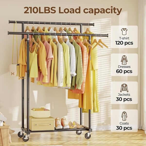 Double Rods Clothes Rack, Rolling Clothing Rack for Hanging Clothes Portable Wardrobe Rack, Metal Garment Rack Sturdy Coat Rack for Bedroom Laundry Living Room, Black - Image 5