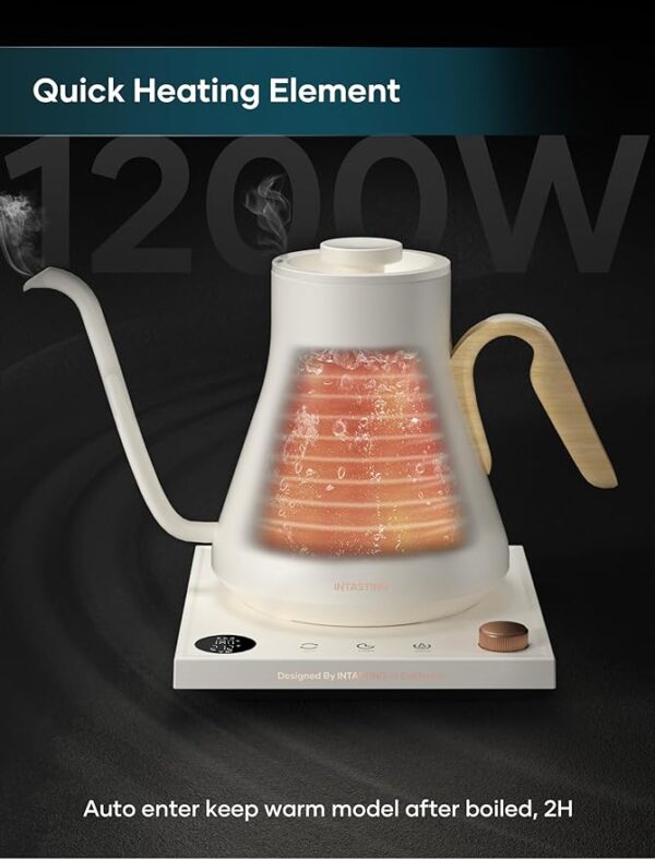 Electric Kettles, INTASTING Gooseneck Electric Kettle, ±1℉ Temperature Control, Stainless Steel Inner, Quick Heating, for Pour Over Coffee, Brew Tea, Boil Hot Water, 0.9L (Cream White) - Image 4