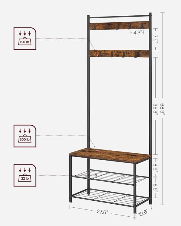 VASAGLE Coat Rack, Hall Tree with Shoe Storage Bench, Entryway Bench with Shoe Storage, 3-in-1, Steel Frame, for Entryway, 12.6 x 27.6 x 68.9 Inches, Industrial, Rustic Brown and Black UHSR41BX - Image 5