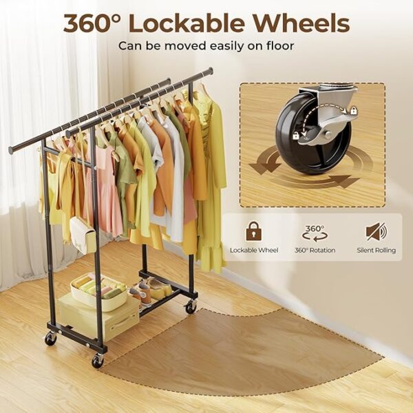 Double Rods Clothes Rack, Rolling Clothing Rack for Hanging Clothes Portable Wardrobe Rack, Metal Garment Rack Sturdy Coat Rack for Bedroom Laundry Living Room, Black - Image 4