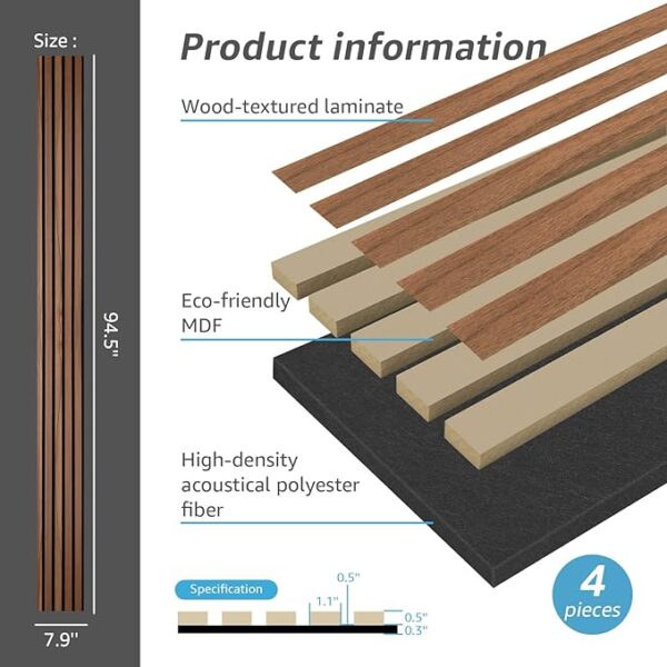 Art3d 4-Piece Wood Slat Acoustic Panels for Stylish Decor and Noise Reduction, 3D Textured Panel for Ceiling and Wall, Walnut - Image 6