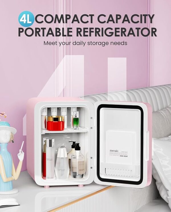 Skincare Fridge With Dimmable LED Light Mirror, 4L Makeup Mini Fridge for Bedroom, Car, Office & Dorm, Cooler & Warmer, Portable Small Refrigerator for Cosmetics, Skin Care and Food, Pink - Image 7