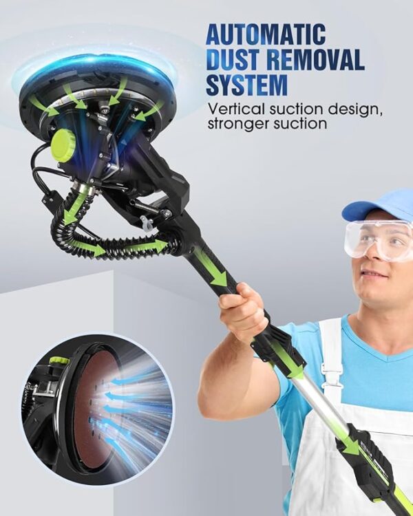 Drywall Sander, 7.2A Electric Drywall Sander with Vacuum Dust Collection, LED Light, 6 Variable Speed Digital Display 900-1800RPM, Foldable & Extendable Handle, 9 Sanding Discs&3 Grid Sandpaper - Image 5