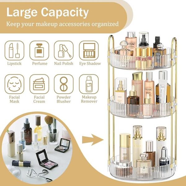 MOKANI 360 Rotating Makeup Organizer for Vanity, 3 Tier Adjustable Perfume Organizer for Dresser, Multi-Function Spinning Cosmetics Skincare Organizer for Bedroom, Dresser, Countertop, Clear - Image 6