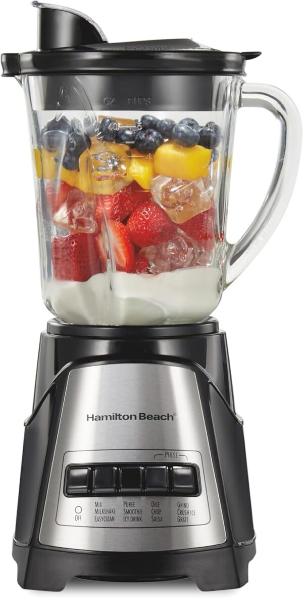 Hamilton Beach Power Elite Wave Action Blender For Shakes and Smoothies, 40 Oz Glass Jar, 12 Functions Including Puree, Crush Ice, Black, 700 Watts, Black (58148A)
