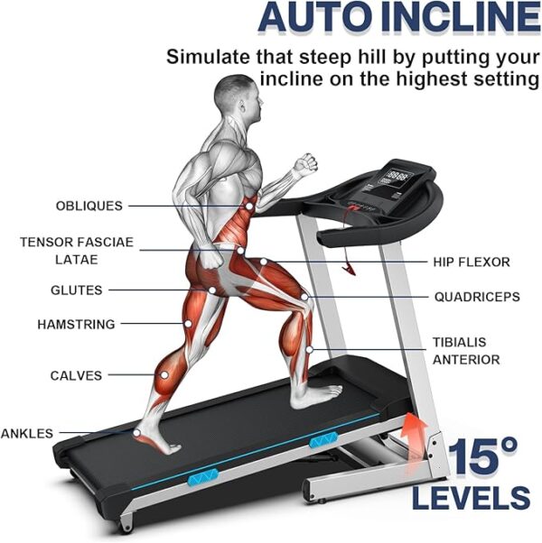 WELLFIT Home Gym Treadmills 15% Auto Incline, 3.5HP Treadmill 350lbs Capacity, Foldable Treadmill for Small Space, Voice Control, LED Console Display, Music Players, 45 * 18 Large Area, 95% Assembled - Image 6