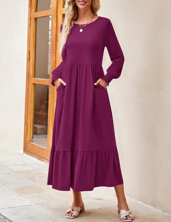ZESICA Women's Spring Long Sleeve Dress Crewneck Casual Loose Pleated Tiered Swing Midi Dresses with Pockets - Image 5