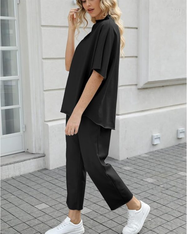 Women's Two Piece Outfits 3/4 Batwing Sleeve Capelet Crew Neck Pullover Top Wide Leg Pants Lounge Set - Image 2