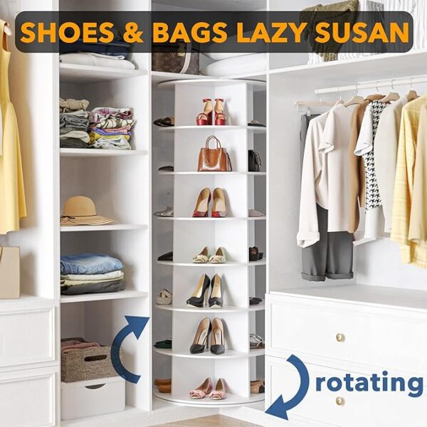 SpaceAid 7 Tier Rotating Shoe Rack Tower, Spinning Shoe Display Lazy Susan, Revolving 360 Shoe Rack Storage Round Carousel, Vertical Handbag Rotate Shoes Closet Organization (7-Tier White) - Image 3