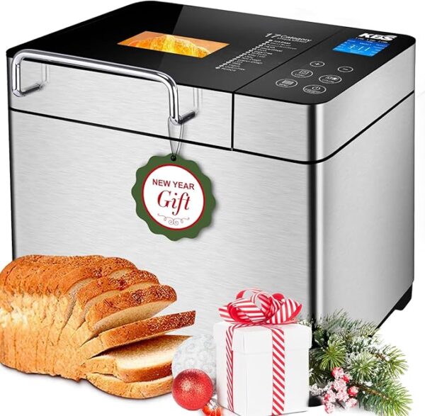 KBS Pro Stainless Steel Bread Machine, 2LB 17-in-1 Programmable XL Bread Maker with Fruit Nut Dispenser, Nonstick Ceramic Pan& Digital Touch Panel, 3 Loaf Sizes 3 Crust Colors, Reserve& Keep Warm Set