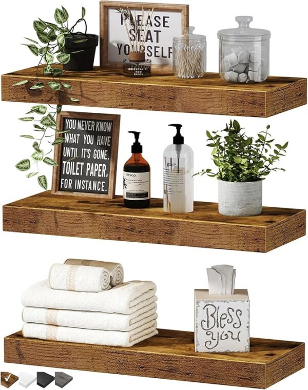QEEIG Floating Shelves for Wall Bathroom Shelf Bedroom Kitchen Farmhouse Small Book Shelf 16 inch Set of 3, Rustic Brown (015-BN3)