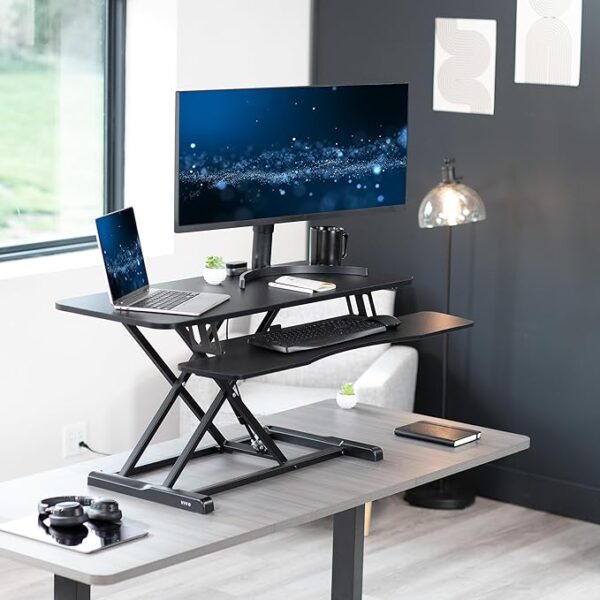VIVO 42 inch Desk Converter, K Series, Height Adjustable Sit to Stand Riser, Dual Monitor and Laptop Workstation with Wide Keyboard Tray, Black, DESK-V042KB - Image 3