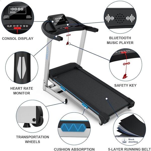 WELLFIT Home Gym Treadmills 15% Auto Incline, 3.5HP Treadmill 350lbs Capacity, Foldable Treadmill for Small Space, Voice Control, LED Console Display, Music Players, 45 * 18 Large Area, 95% Assembled - Image 5
