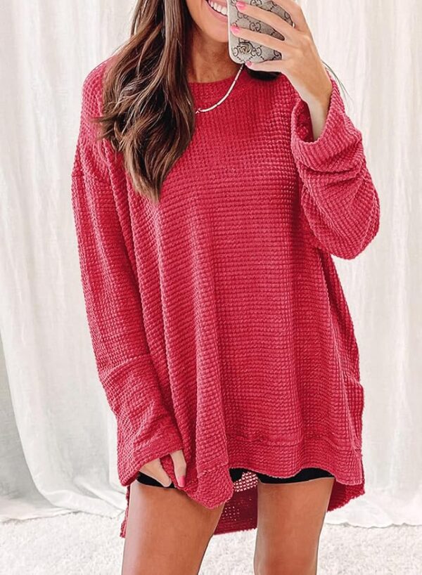 SHEWIN Long Sleeve Shirts For Women Oversized Sweatshirt Crewneck Waffle Knit Spring Tops for Women 2025 - Image 4
