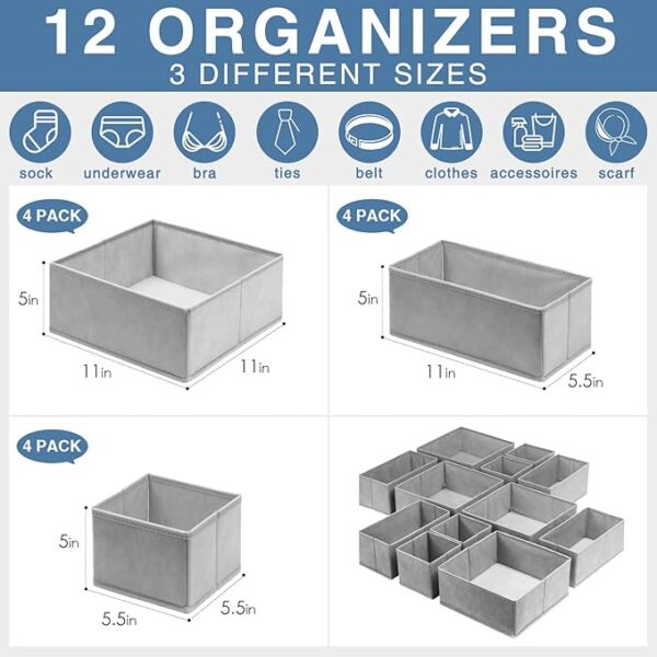 Criusia Drawer Organizer for Clothing, 12 Pack Sock Underwear Drawer Organizer Bins, Foldable Fabric Closet Organizers and Storage, Dresser Drawer Dividers for Baby Clothes, Bra, Scarves, Belt, Tie - Image 3