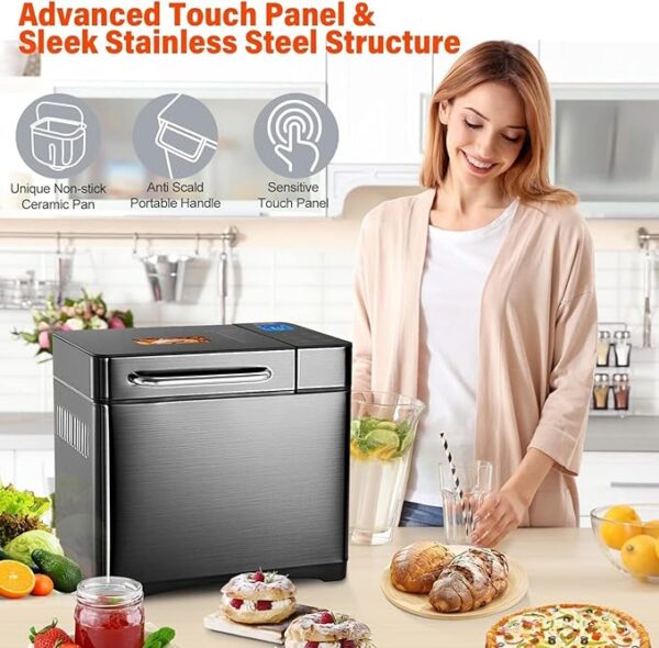 KBS 17-in-1 Bread Maker-Dual Heaters, 710W Machine Stainless Steel with Gluten-Free, Dough Maker,Jam,Yogurt PROG, Auto Nut Dispenser,Ceramic Pan& Touch Panel, 3 Loaf Sizes 3 Crust Colors,Recipes - Image 4