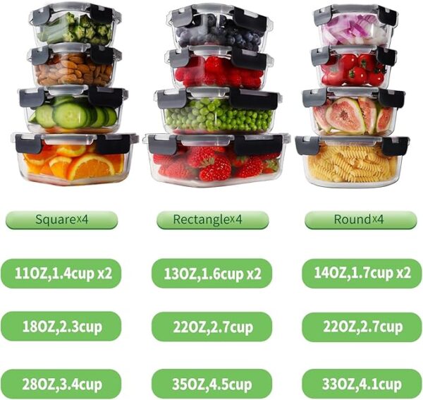 HOMBERKING 24pc Glass Food Storage Containers with Lids, Glass Meal Prep Containers with Leak Proof Snap Lock Lids, Airtight Bento Lunch Boxes, Kitchen Storage (12 lids & 12 Containers) - Black - Image 5