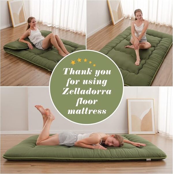 Japanese Floor Mattress, Futon Mattress with Portable Storage Bag and Washable Cover, Roll Up Mattress Thick Tatami Mattress Suitable for Camping, Guest Room, Green, Full - Image 2
