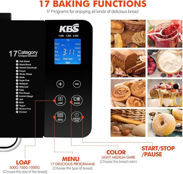 KBS 17-in-1 Bread Maker-Dual Heaters, 710W Machine Stainless Steel with Gluten-Free, Dough Maker,Jam,Yogurt PROG, Auto Nut Dispenser,Ceramic Pan& Touch Panel, 3 Loaf Sizes 3 Crust Colors,Recipes - Image 3