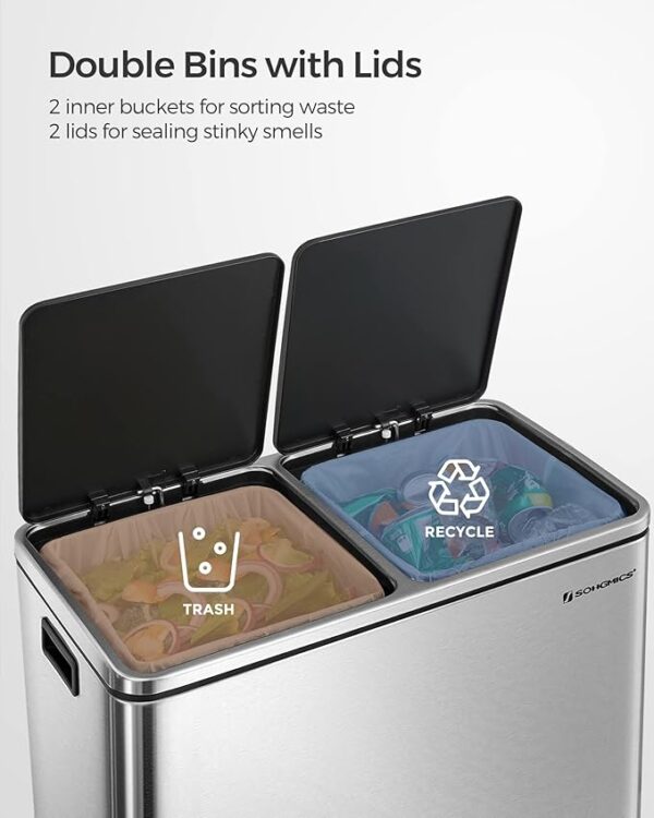 SONGMICS Trash Can, 2 x 8 Gallon (2 x 30 L) Garbage Can for Kitchen, with 15 Trash Bags, 2 Compartments, Plastic Inner Buckets and Hinged Lids, Airtight, Silver and Black ULTB60NL - Image 3