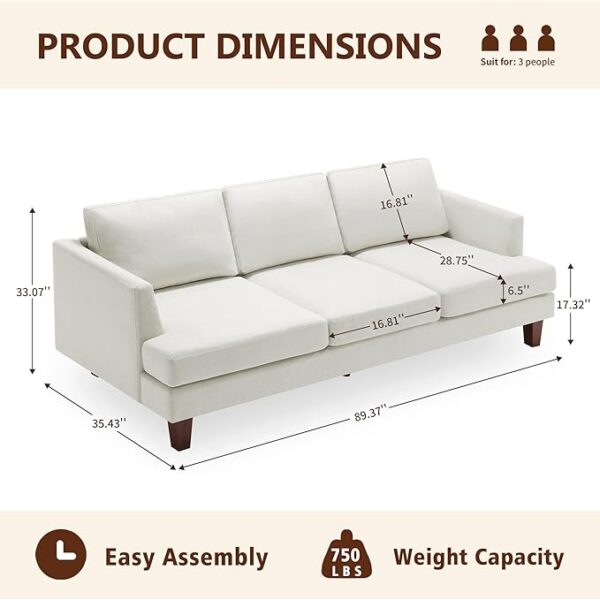 3 Seater Sofa Couch with Deep Seats, 89" Mid Century Modern Upholstered Sofa with Armrests, Comfy Couches for Living Room, Bedroom, Apartment and Office (Beige) - Image 6
