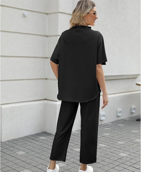 Women's Two Piece Outfits 3/4 Batwing Sleeve Capelet Crew Neck Pullover Top Wide Leg Pants Lounge Set - Image 3